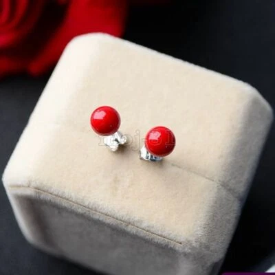 Bonitos Nuevos Pendientes Plata Rojo 8mm Mar del Sur Concha Perla Bola Redonda Cuentas Foto 1 de 4