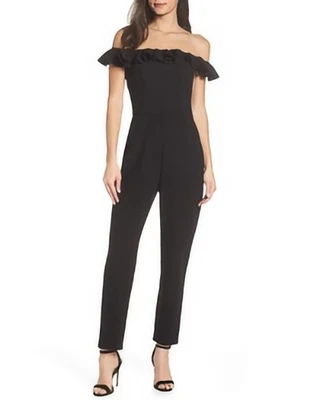 French Connection Jumpsuit Size 2 Black Off Shoulder Ruffle Fitted Skinny Leg - Image 1 of 4