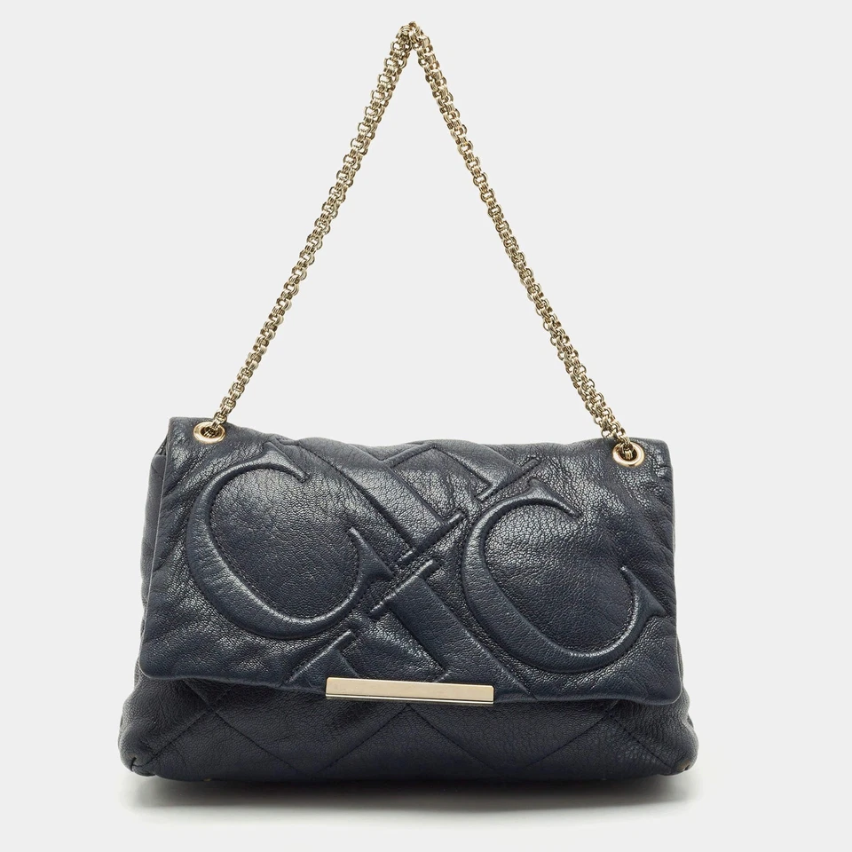Carolina Herrera Navy Blue Embossed Leather Metal Flap Shoulder Bag - Image 1 of 4