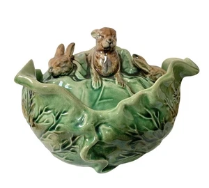 Antike Eureka Majolika Kaninchen Kohlblatt bedeckt Schale - Bild 1 von 11