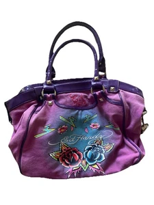 Vintage Ed Hardy Purse Tote Floral Canvas Embroidered Studs - Picture 1 of 12
