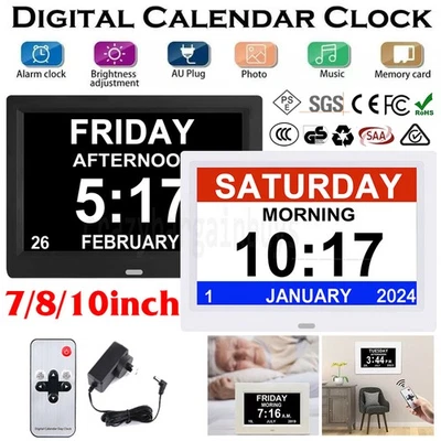 7/8/10inch LED Dementia Digital Calendar Clock Alarm Extra Day/Week/Month/Year - image 1 of 4