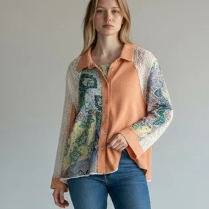 POL | Women’s Multicolor Floral Patchwork Button-Up Waffle Knit Top size Large - Picture 1 of 16