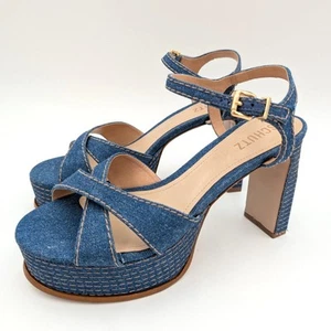 Schutz Keefa Platform High Block Heel Sandals Women's Blue Denim Size US10B EU41 - Picture 1 of 13