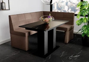 Eckbankgruppe 168x128 cm BLAKE L Stoff Soro Braun / Esstisch DANTE Schwarz - Bild 1 von 3
