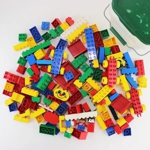 Lot of 125 Vtg Lego Duplo & Tyco Blocks w/ Storage Bucket Figures Cars Trains - Picture 1 of 7