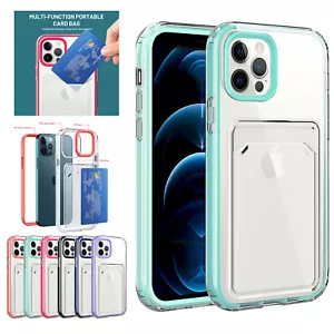 For iPhone 15 14 Pro Max 13 12 11 XR XS Clear Card Holder Wallet Case Shockproof - Picture 1 of 18