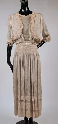 EDWARDIAN CHINOISERIE SILK DRESS W RUCHING + LACE TRIM - Image 1 of 4
