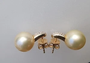 Perlfekt Ohrstecker Goldene SÜDSEEPERLE +Diamant D ca. 10-11 mm 585iger Gelbgold - Bild 1 von 7