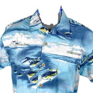 Cabostyle Hawaiian Aloha Shirt Large Sportfishing Gamefish Boats Fish Blue - Picture 1 of 4