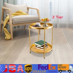 2 Tier Tray Metal End Table, Small Round Side Table Sofa Side Table Round Gold - Picture 1 of 14
