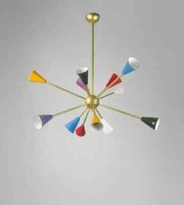12 Arms Multicolored Italian Brass Sputnik Chandelier 1950s Style Light Fixture - Image 1 of 3