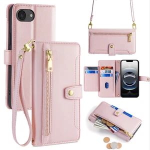 Handykette für iPhone 16E mit Band Handyhülle Kartenfächer PU Leder Rosa - Bild 1 von 10