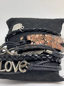 bracelets x 3 fashion black cord sparkle copper acrylic heart wings faux pearl - Picture 1 of 15