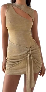 Neu mit Etikett Tiger Mist Azelma Gr. XL Metallic Gold Mesh Minikleid Schlitzausschnitt Sarong zum Binden - Bild 1 von 3
