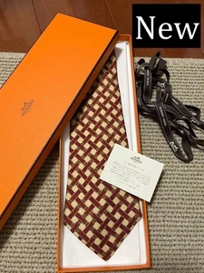 New Unused HERMES Neck Tie Wide Yellow Brown Belt 100%Silk Made in France - Picture 1 of 5