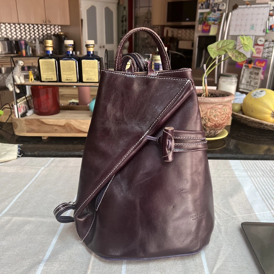 Vera Pelle итальянский кожаный баклажан рюкзак трансформируемый холст интерьер - Изображение 1 из 4