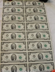 1976 $2 Bill UNCUT Uncirculated ROLLED SHEET OF 16 $2 BILLS - Picture 1 of 7