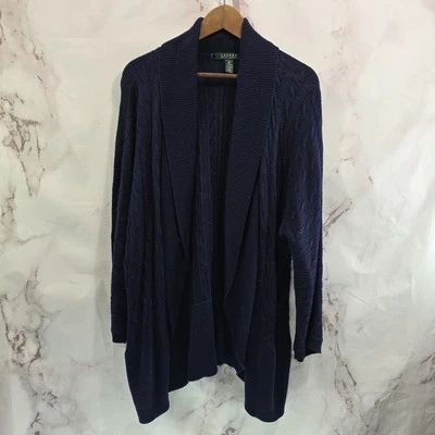 LRL Ralph Lauren Sweater Womens 1X Navy Blue Slouchy Open Front Cable  - Image 1 of 4