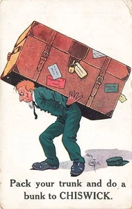 Tarjeta postal de humor Reg Carter 1913 empaca tu maletero y haz una litera a CHISWICK - Imagen 1 de 2