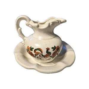Vintage McCoy USA Pottery Wash Basin & Pitcher Set Rooster Floral Design Small - Picture 1 of 13