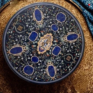 Black Marble 36" Round Table with Pietra Dura lapis Inlay – Handmade Luxury Art - Picture 1 of 8