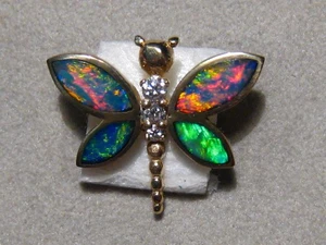 Opal & Diamond Dragonfly Pendant , solid 14 k yellow gold , Brightness 5+ - Picture 1 of 13