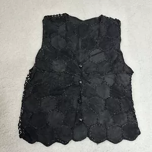 Womens Vintage 70s Suede Crochet Black Knit Vest Retro Boho Hippie Patchwork - Picture 1 of 7