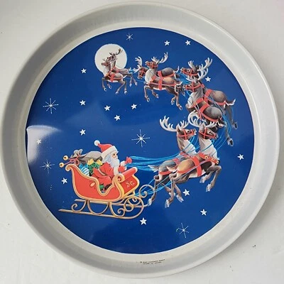 SNP Santa & Reindeer Snack Tray Round Tin Christmas Holiday Seasonal Vintage - Image 1 of 4