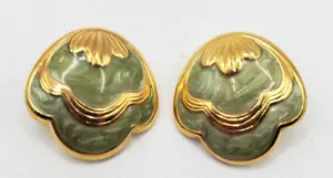 Vintage Green Enamel and Gold Tone Fan Shaped Pierced Earrings Fashion Jewelry - Picture 1 of 5