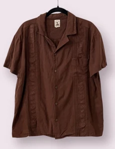 Camisa Cubana Dandy Del Mar Marrón Bordada Para Hombre L Mezcla de Lino Estilo Retro - Imagen 1 de 6