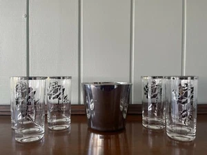 Vintage MCM 6er Set Silber Blumen Gläser mit passendem Eiskübel - Bild 1 von 4