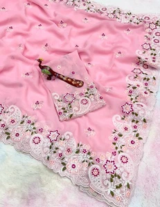 Elegant Pink Embroidered Pure Georgette Saree With Blouse Piece For Women, Sari - Picture 1 of 5