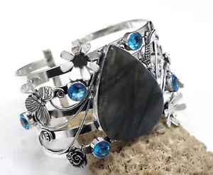 925 Sterling Silver Labradorit &Topaz Gemstone Handmade Jewelry Cuff Bracelet - Picture 1 of 7