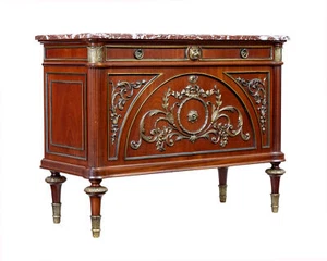 MID CENTURY ORNATE MAHOGANY MARBLE TOP CHEST OF DRAWERS - Picture 1 of 10