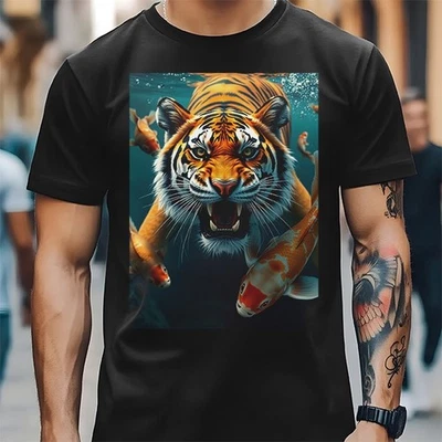 Divertida Camiseta Rugiente Tigre Goldfish Koi Pond Fantasía Animal Idea de Regalo Camiseta Top Foto 1 de 4