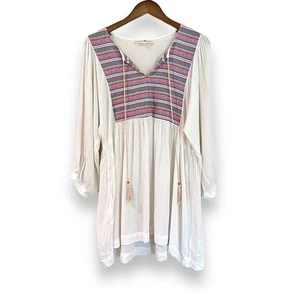 Altar’d State White Crinkle Tunic Top Size L Striped Bodice Pockets Tassels Boho - Picture 1 of 10