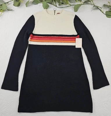 NWT Free People Mini Sweater Dress Long Sleeve Size M Black and Cream - Image 1 of 4