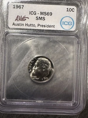1967 SMS 🤯MS 69🤯 Roosevelt Dime 10¢ ICG TOP POP! A. Hutto Signed White Label - Image 1 of 2