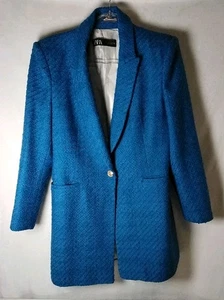 Zara Damen Gr. Lg schöner blauer Tweed Look tailliert ein Knopf gefüttert Blazer Mantel - Bild 1 von 14