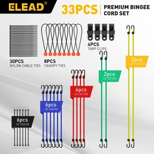 33PC Bungee Cords Set 10" 18" 24" 32" 40" Cable Ties Canopy Tarp Ball Ties Clips - Picture 1 of 12