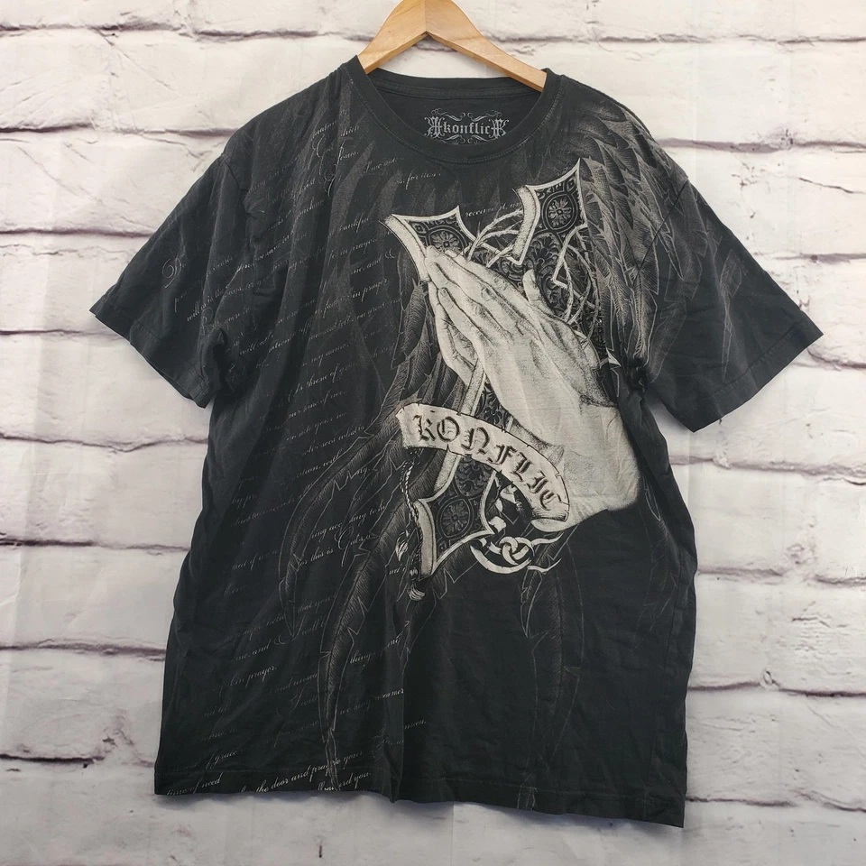 Camisa Konflic Para Hombres 2XL Negra Manos de Oración Gótico Gráfico Cruz Alas de Ángel Camiseta Foto 1 de 4