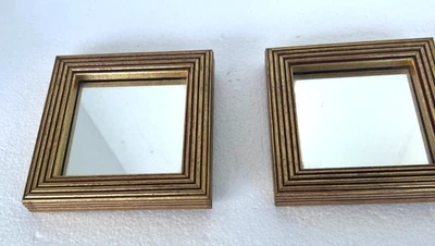 VTG SET/2 WOOD FRAMED GOLD SMALL SQ. ACCENT MIRRORS 5 X 5 HANG 2 WAYS DECOR - Image 1 of 4