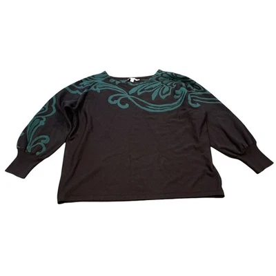 Suéter Pullover Chico's Talla 3 (XL) Negro Verde Estampado Grueso Tejido Hombro Caído Foto 1 de 4