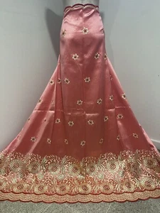 2.75 Yard Coral Gold Border Embroidery Sequins Fabric 50” Width - Picture 1 of 5