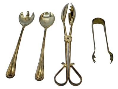 Juego De Colección EP Zinc Cuchara Para Servir Tenedor Pinzas Tono Latón Dorado Lote De 4 Foto 1 de 4