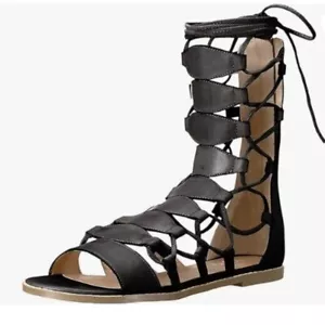 YDN Ankle High Gladiator Sandals for Women Lace up Open toe Flats Black Shoes - Picture 1 of 8