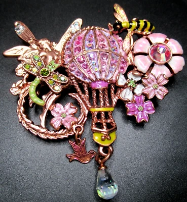 KIRKS FOLLY Up Up & Away Hot Air Balloon Flower Bee Butterfly Rhinestone Pin - Image 1 of 4