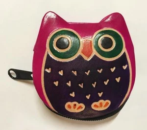Shantiniketan Hippie Bohemia India Cuero Pintado Búho Moneda Cartera Rosa - Imagen 1 de 1