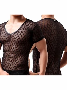 Nuevo Hombres Ropa de club nocturno Lencería Malla de diamante Ropa interior Cuello en V Camiseta Manga Corta - Imagen 1 de 3